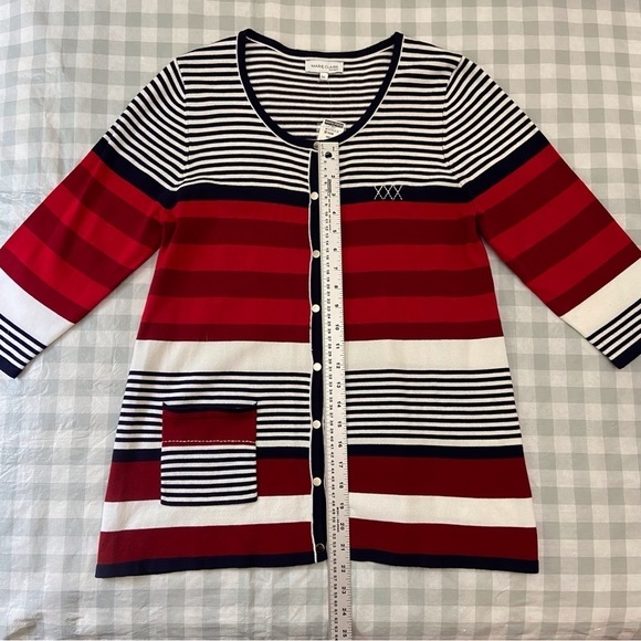 MARIE-CLAIRE nautical cardigan navy blue white striped red knit Large coastal - Picture 7 of 13